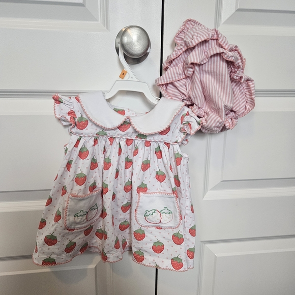 Shrimp & Grits Kids Other - White Baby Dress with Strawberry Print and Pink Striped Bloomers